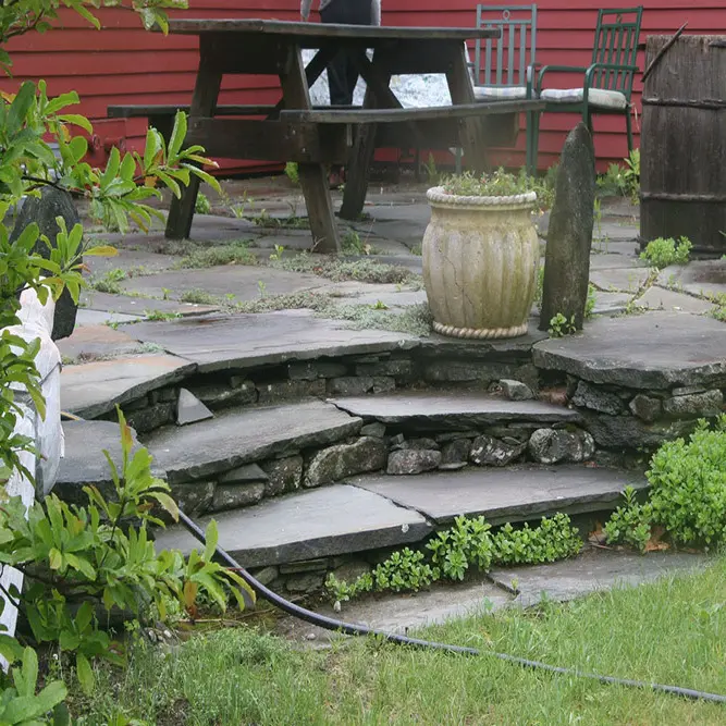 A garden with stairs and a table in the background.